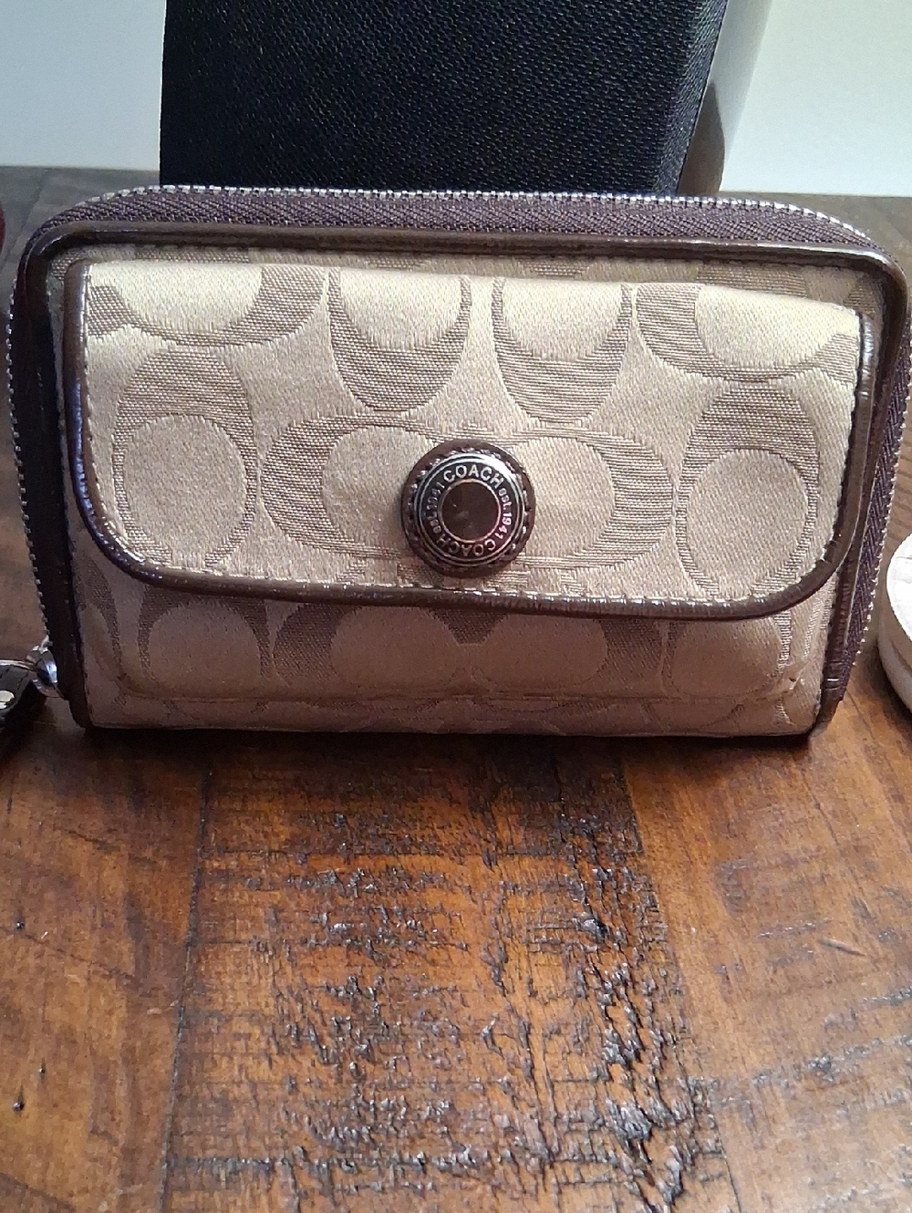 Coach Small Signature Zip Wallet in Beige and Brown